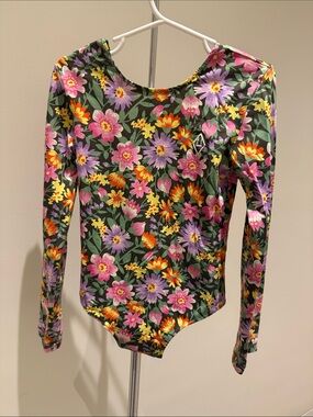 Girls' Long-Sleeve Floral Swim One-Piece - Green with Pink & Purple Flowers
